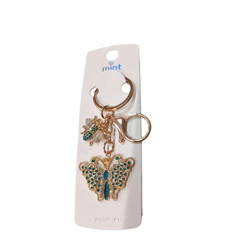Beautiful Blue Rhinestone Butterfly Bumblebee Gold Tone Keychain Purse Charm